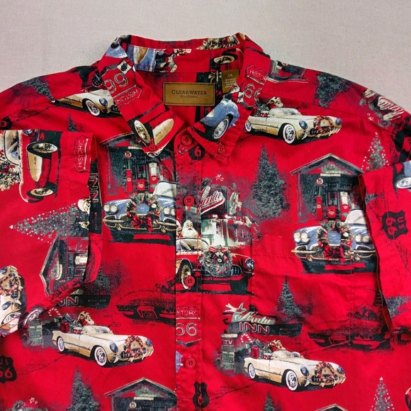 Clearwater Outfitters Mens XXL Christmas Shirt Classic Cars Santa Route 66 Red - Picture 3 of 14